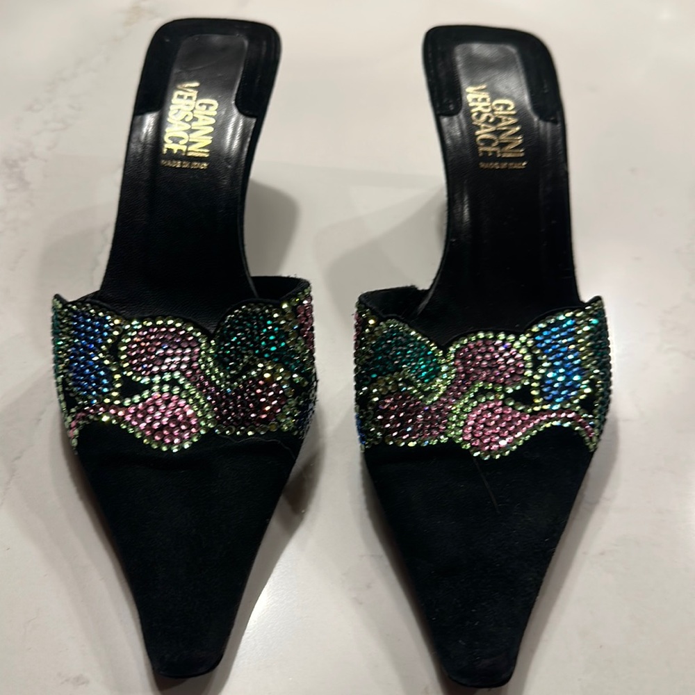 Gianne Versace mule heels Black suede with different color rhinestones.